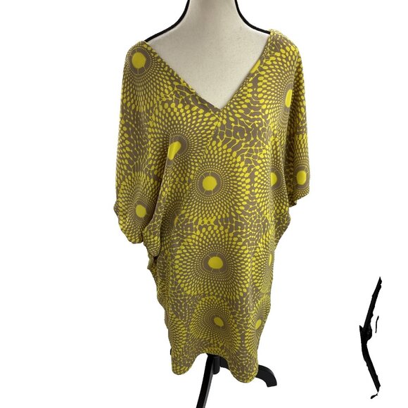 Rachel Roy Womens M Yellow Brown Geometric Print V Neck Kimono Sleeve Dress - Picture 1 of 7